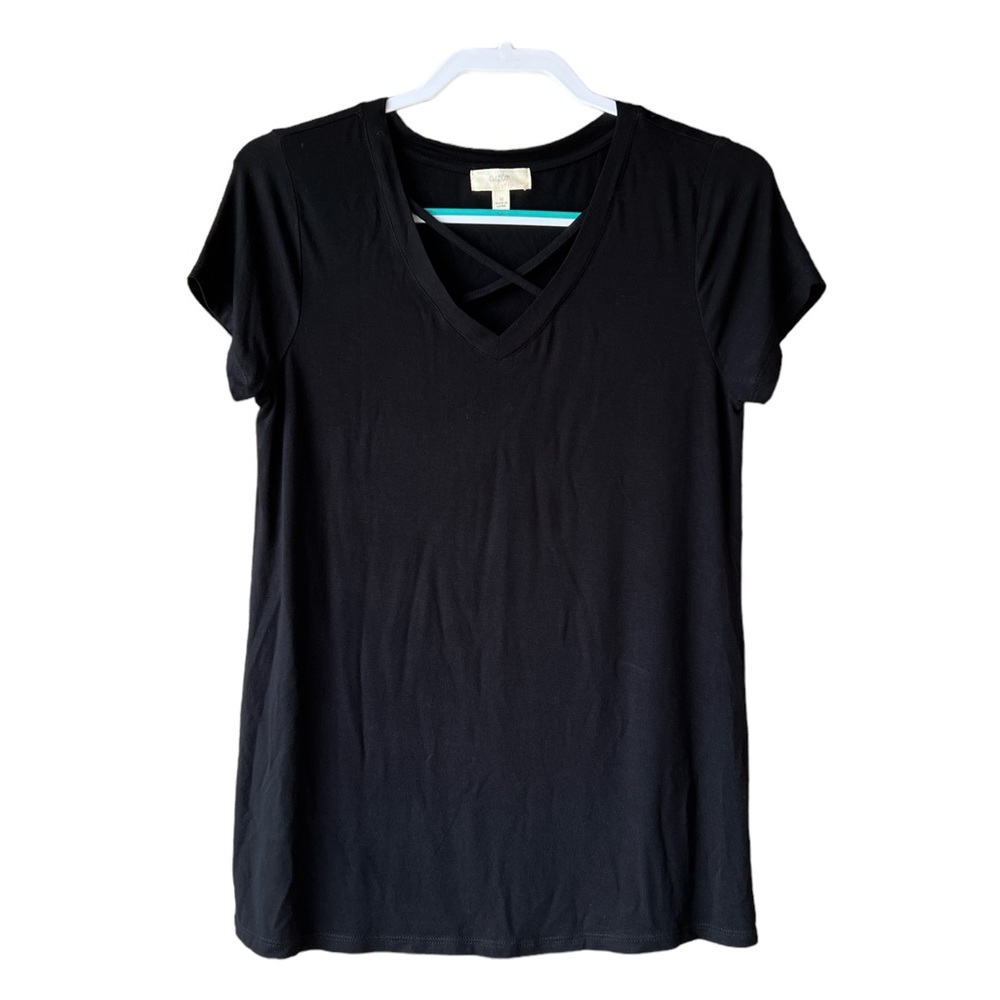 Cupio Women's Crisscross Neck Black Top Short Sleeve Size M